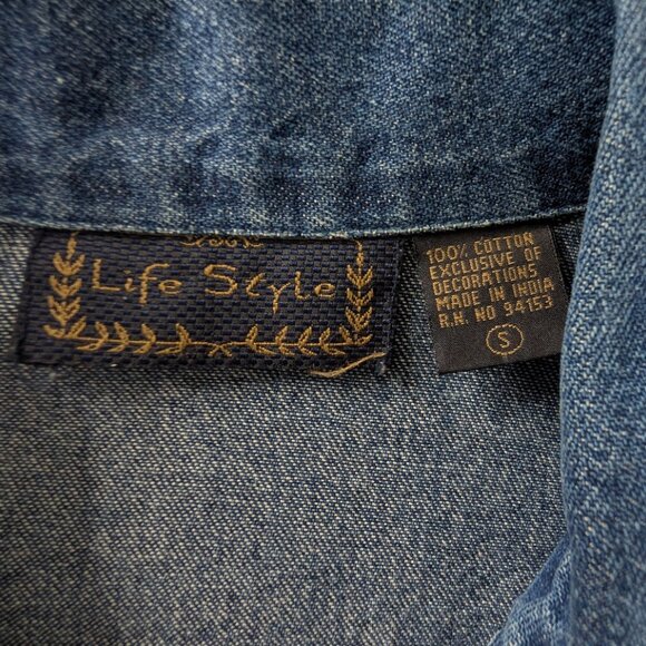 VTG Blue Pink Denim Butterfly Embroidered Floral Patches Cuffed Button Up Jacket - Picture 6 of 6